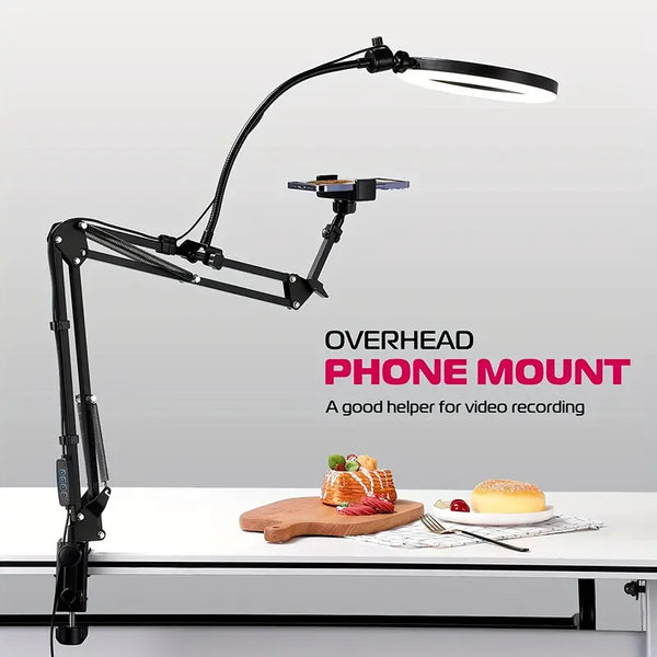 Adjustable Aluminum Alloy Phone Stand with Ring Light, Overhead Desk Arm Mount for iPhone,