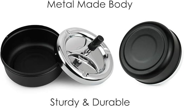 Round Push Down Ashtray with Spinning Tray Metal Cigarette Ash Tray Large 5.2 Inches Home Ashtray for Outside Patio - Black