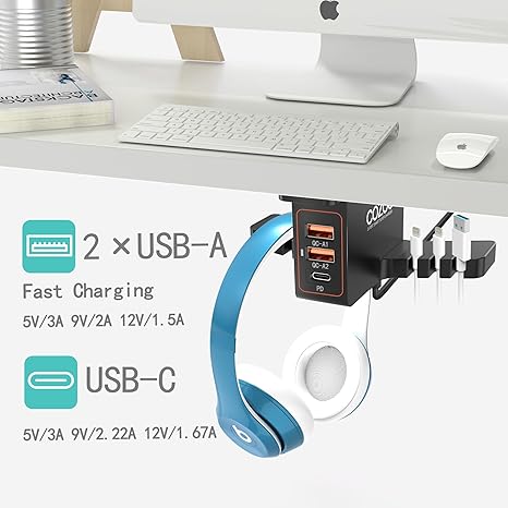 COZOO Headphone Stand with USB Charger Under Desk Headset Holder Mount with 3 Port USB Charging Station